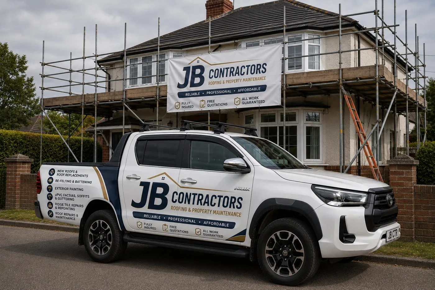 Budleigh Salterton Roofing pickup truck on site at a scaffolded roofing job in Budleigh Salterton